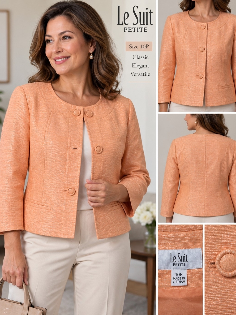 Le Suit Petite Peach Tweed Cropped Blazer